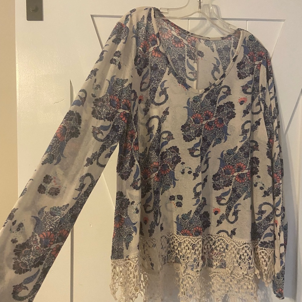 Floral Crochet-Hem Women’s Long Sleeve Top - Cream with Blue & Pink Print